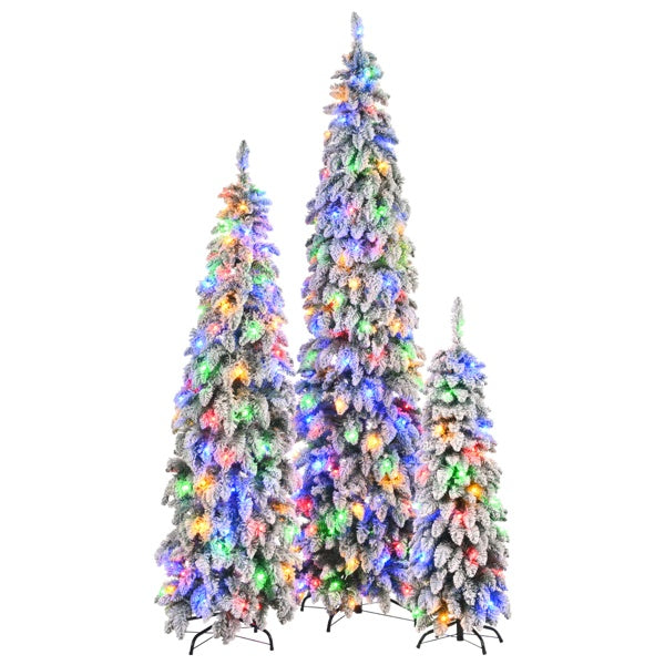 No Provide Self Pick-up.8FT, 6FT, 4FT Pre-Lit Pencil Christmas Trees, 3-set Slim Artificial Christmas Tree With Snow Flocking, Xmas Holiday Decoration Tree, 1455 Branch Tips, 520 LED Lights, 11 Lighti