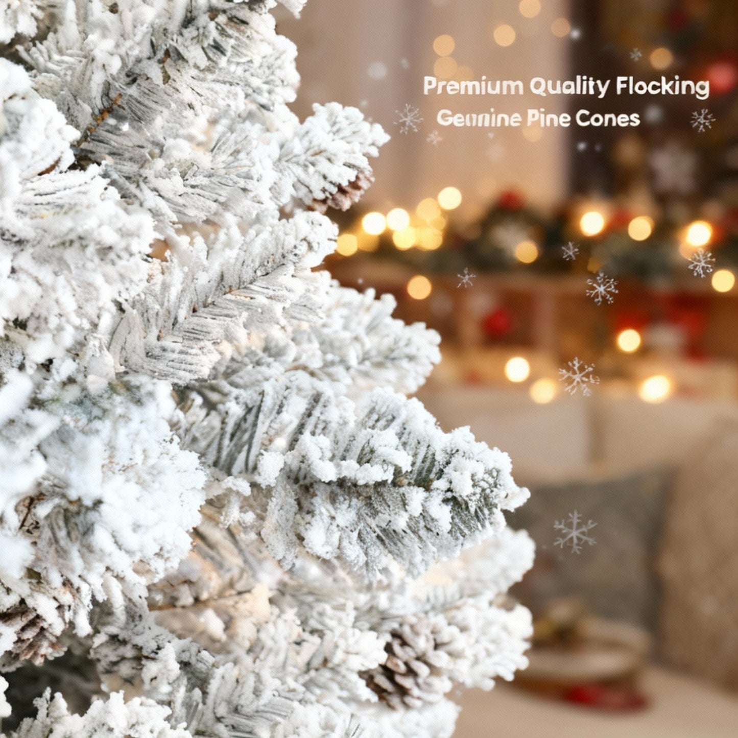 4FT Snowy Christmas Tree With Pine Cones 21 Real Pinecones & 366 Tips, Full Shape With Sturdy Metal Stand Premium PVC Holiday Decor