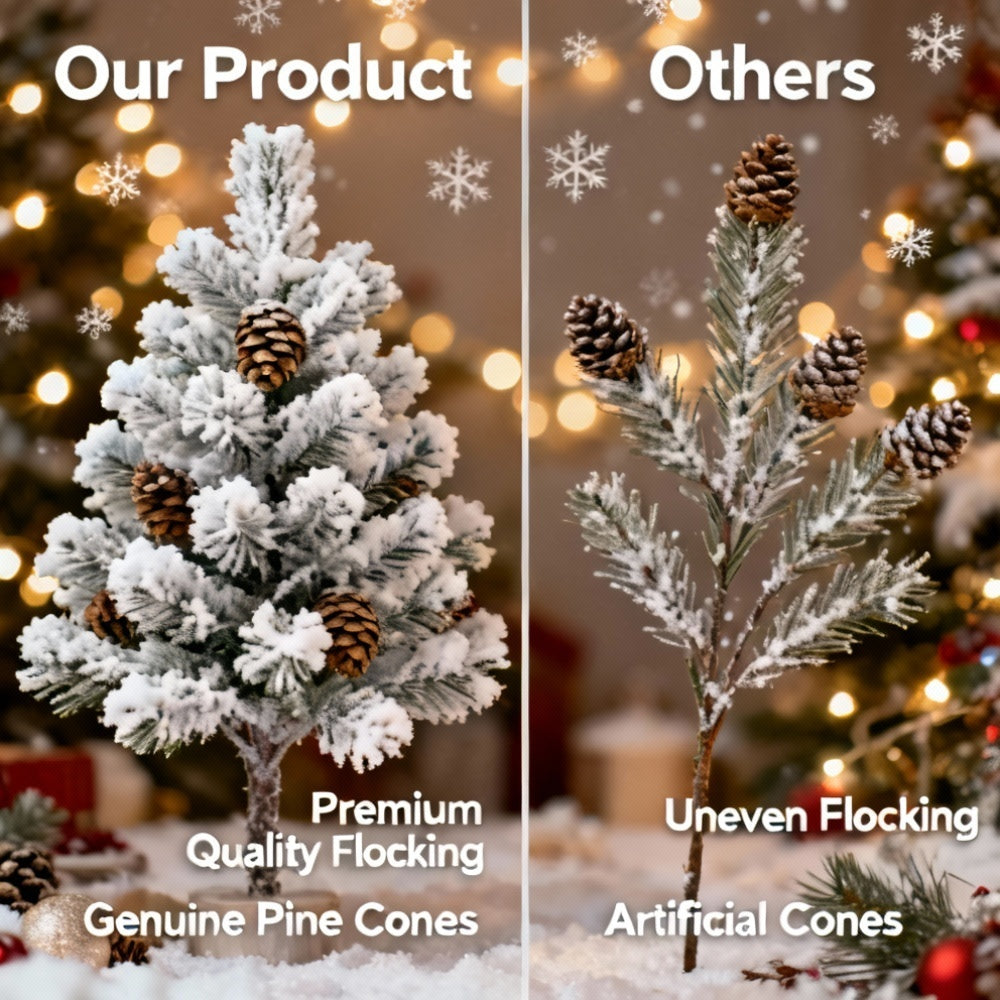 4FT Snowy Christmas Tree With Pine Cones 21 Real Pinecones & 366 Tips, Full Shape With Sturdy Metal Stand Premium PVC Holiday Decor