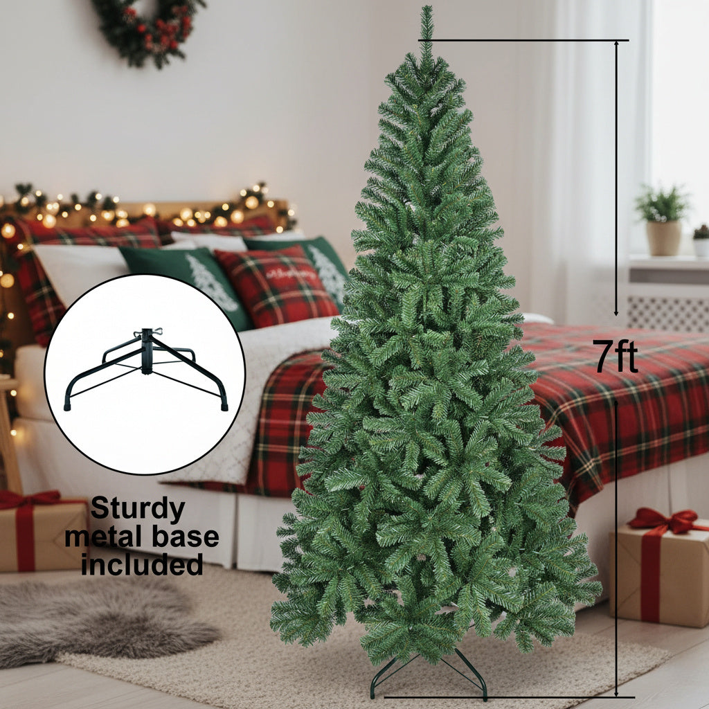 7FT Christmas Tree With 774 PVC Tips Hinged Metal Stand Natural Green Artificial Plant Holiday Decor For Office Apartment Party Use