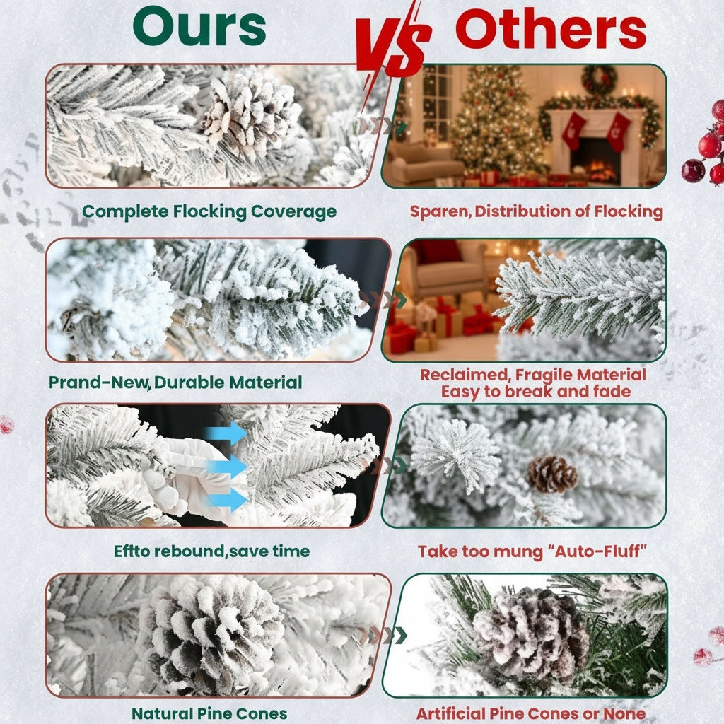 4FT Snowy Christmas Tree With Pine Cones 21 Real Pinecones & 366 Tips, Full Shape With Sturdy Metal Stand Premium PVC Holiday Decor