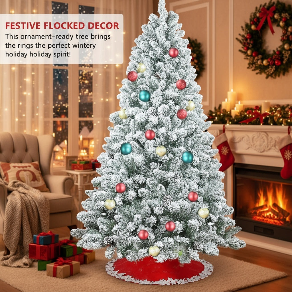 4FT Snowy Christmas Tree With Pine Cones 21 Real Pinecones & 366 Tips, Full Shape With Sturdy Metal Stand Premium PVC Holiday Decor