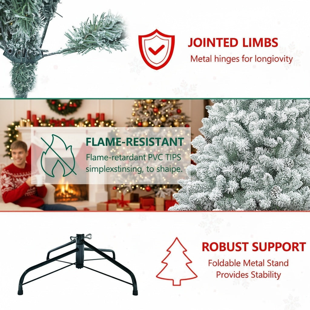 4FT Snowy Christmas Tree With Pine Cones 21 Real Pinecones & 366 Tips, Full Shape With Sturdy Metal Stand Premium PVC Holiday Decor